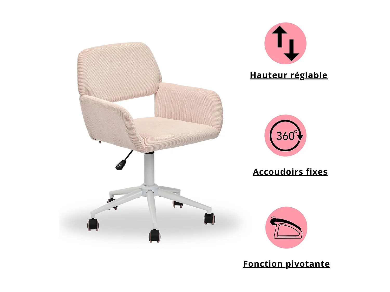 URBAN MEUBLE Chaise de bureau en velours côtelé rose, réglable en hauteur, rotation à 360°