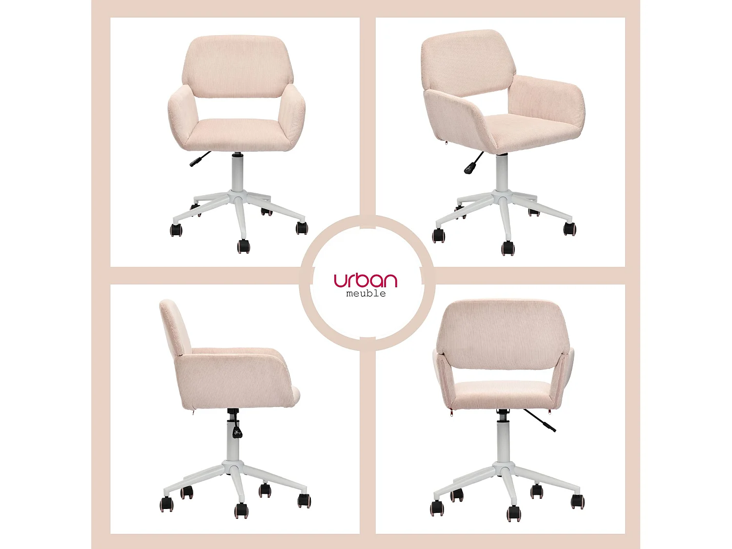 URBAN MEUBLE Chaise de bureau en velours côtelé rose, réglable en hauteur, rotation à 360°