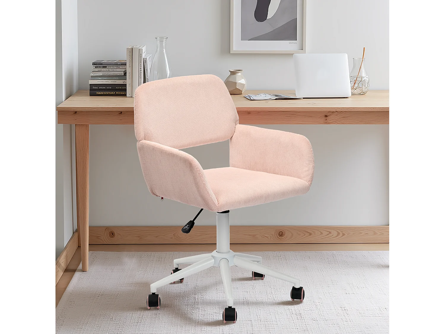 URBAN MEUBLE Chaise de bureau en velours côtelé rose, réglable en hauteur, rotation à 360°