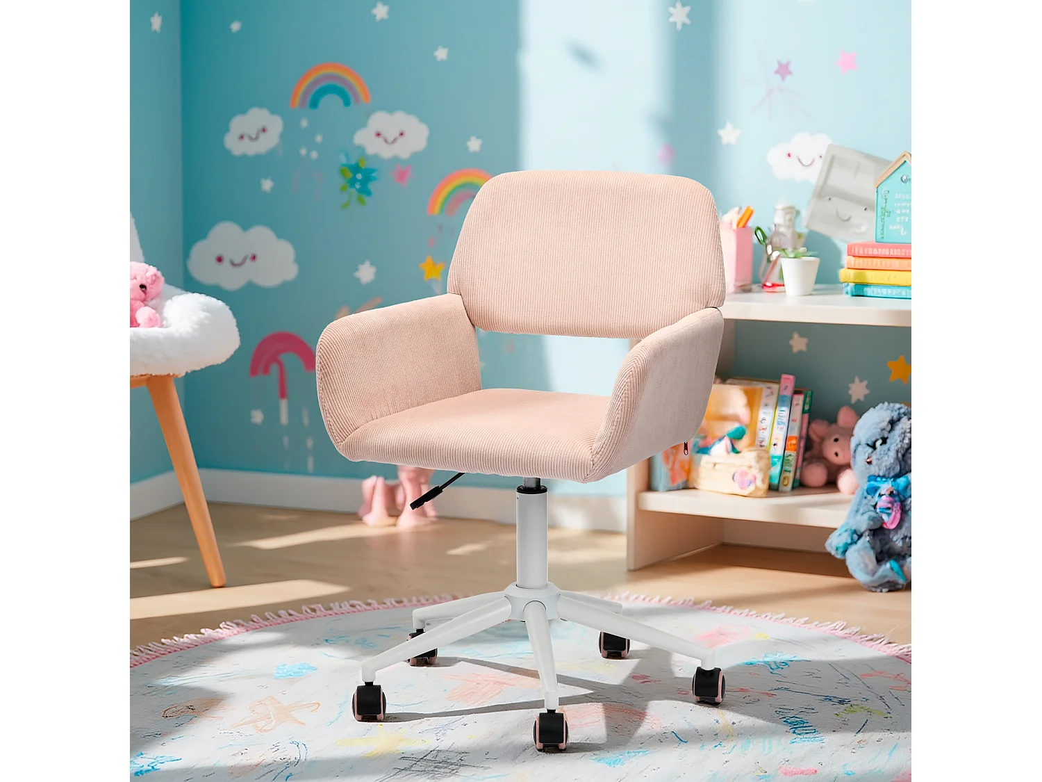 URBAN MEUBLE Chaise de bureau en velours côtelé rose, réglable en hauteur, rotation à 360°