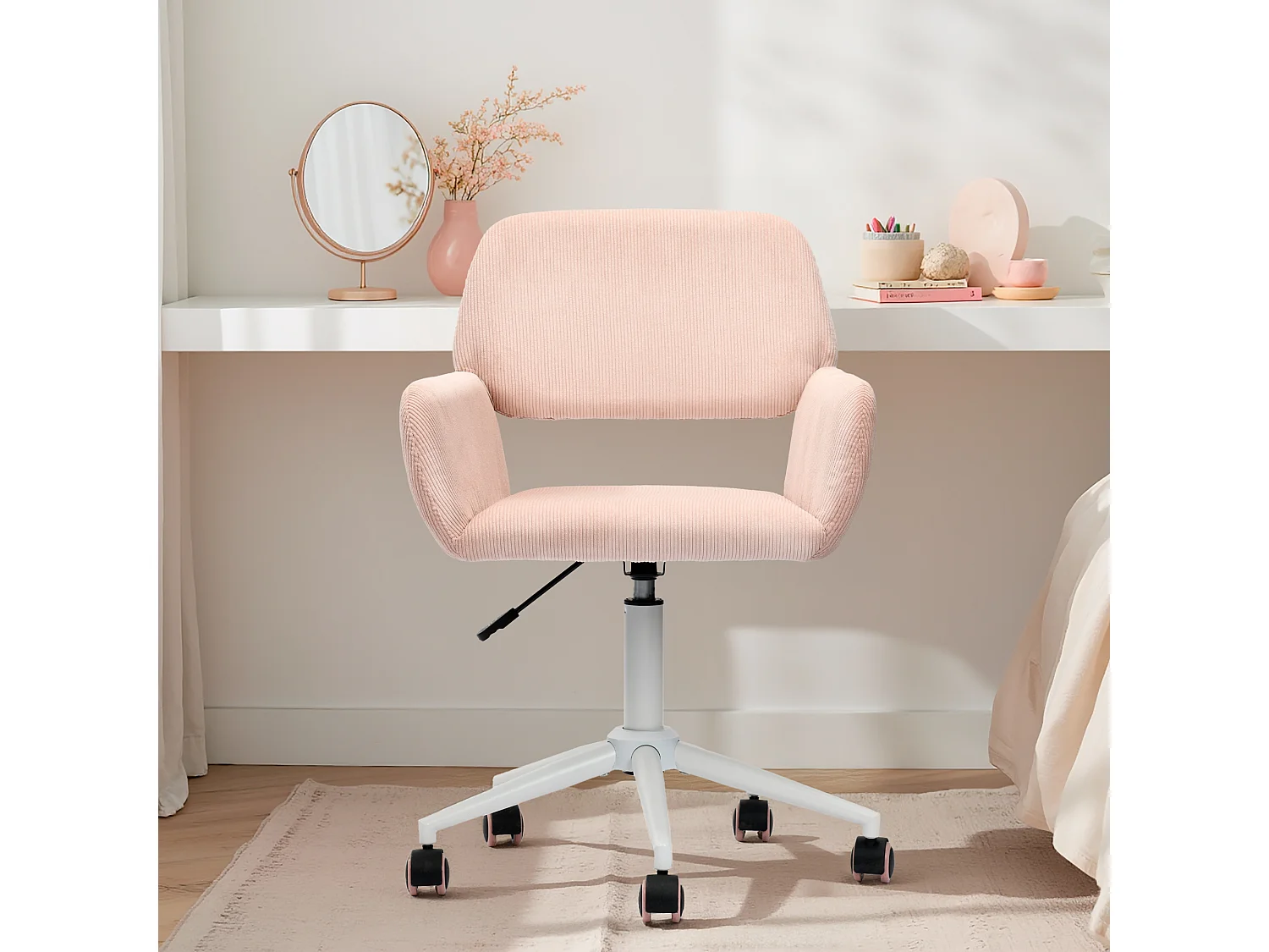 URBAN MEUBLE Chaise de bureau en velours côtelé rose, réglable en hauteur, rotation à 360°