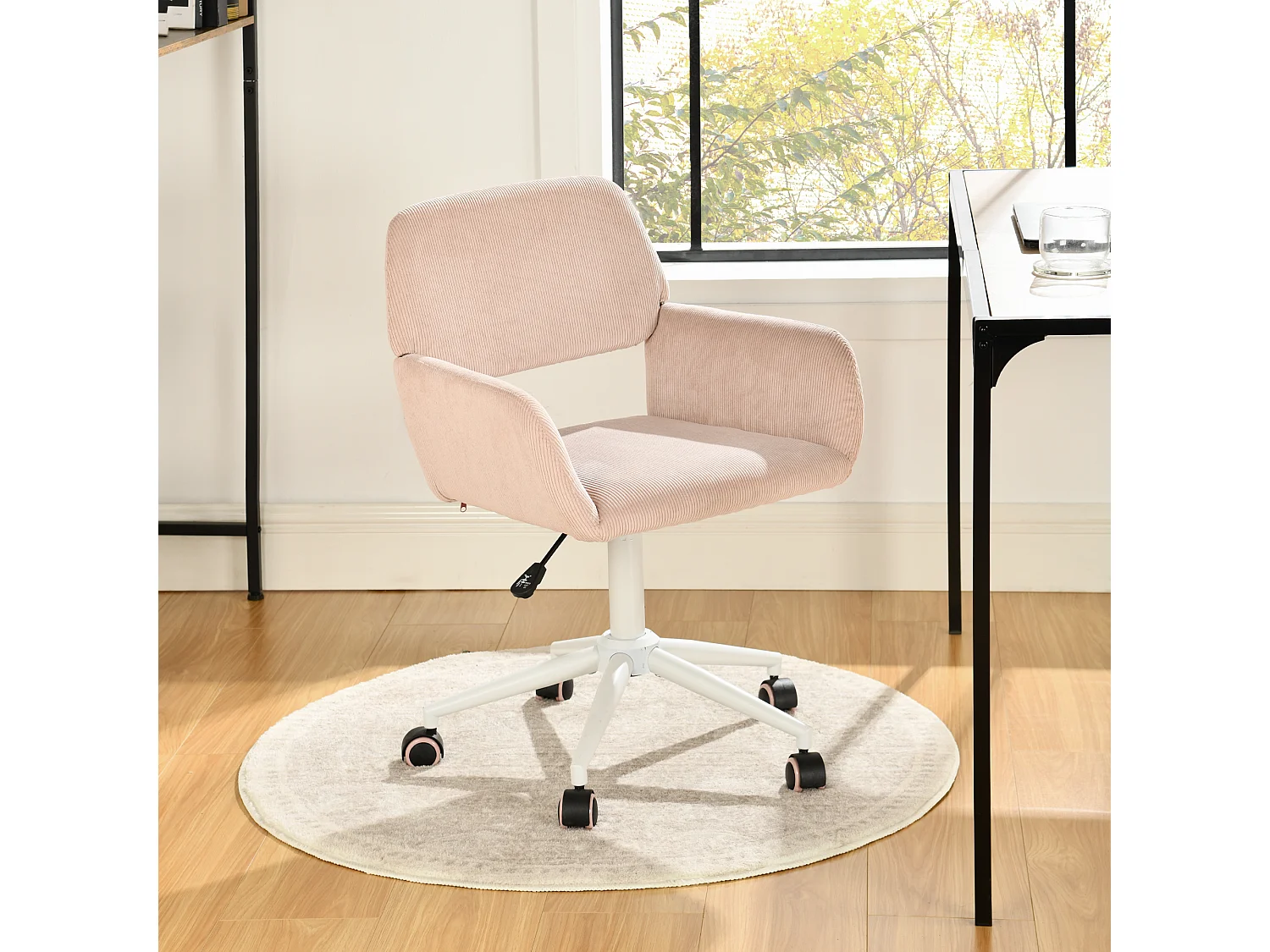 URBAN MEUBLE Chaise de bureau en velours côtelé rose, réglable en hauteur, rotation à 360°