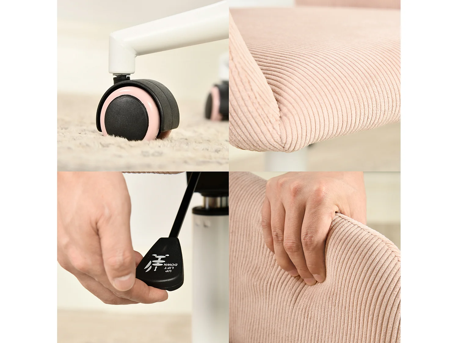 URBAN MEUBLE Chaise de bureau en velours côtelé rose, réglable en hauteur, rotation à 360°