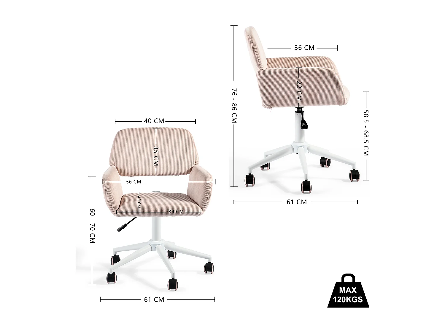 URBAN MEUBLE Chaise de bureau en velours côtelé rose, réglable en hauteur, rotation à 360°