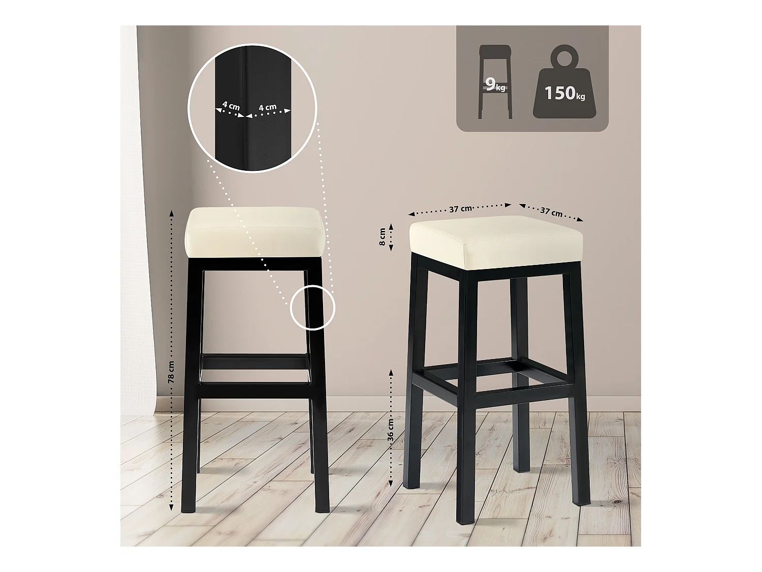 Tabouret de bar - Similicuir - Crème - Taylor B80
