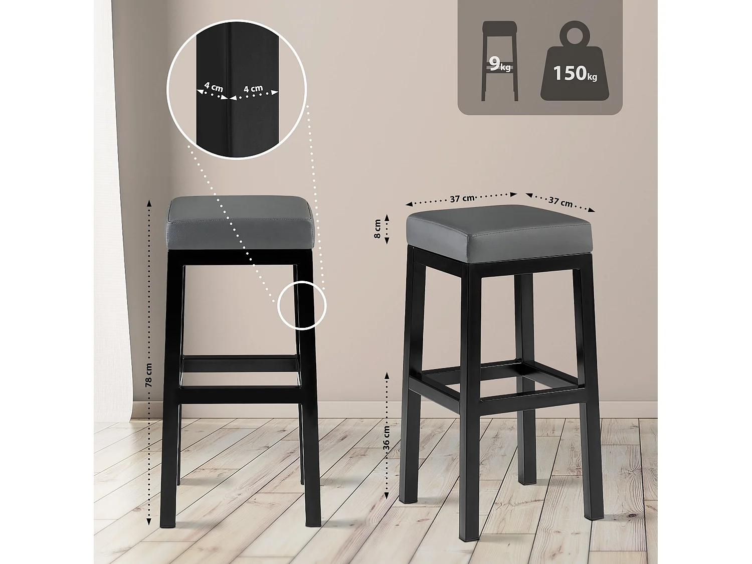 Tabouret de bar - Similicuir - Gris - Taylor B80