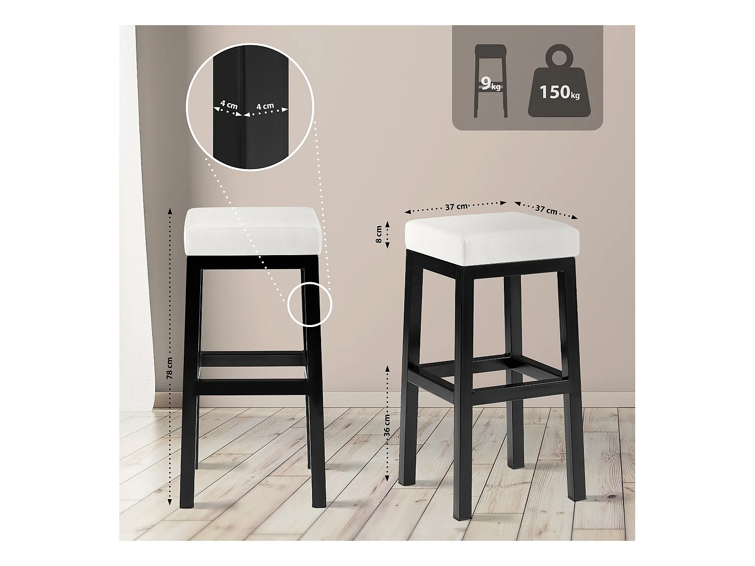 Tabouret de bar - Similicuir - Blanc - Taylor B80