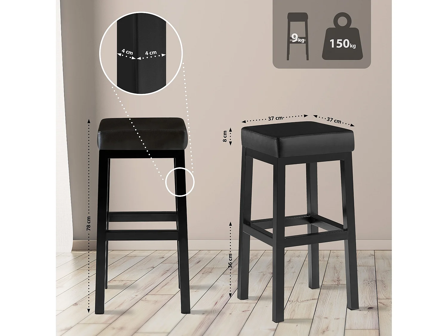 Barhocker - Kunstleder - schwarz - Taylor B80