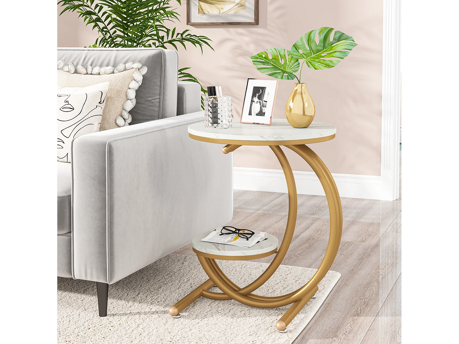 Nowoczesny, 2-poziomowy okrągły stolik boczny z ramą w kształcie litery C, mały stolik kawowy, biały/złoty (1)