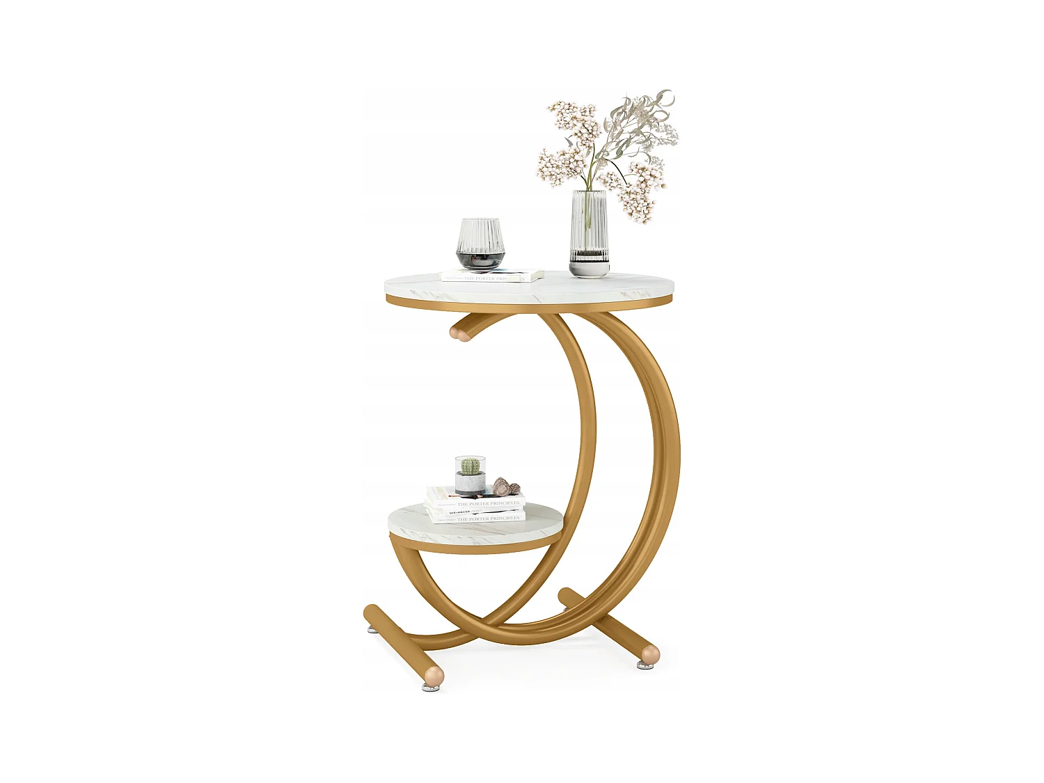 Table d'appoint Ronde Moderne à 2 Niveaux avec Cadre en Forme de C, Petite Table d'appoint Basse, Blanc/doré (1)