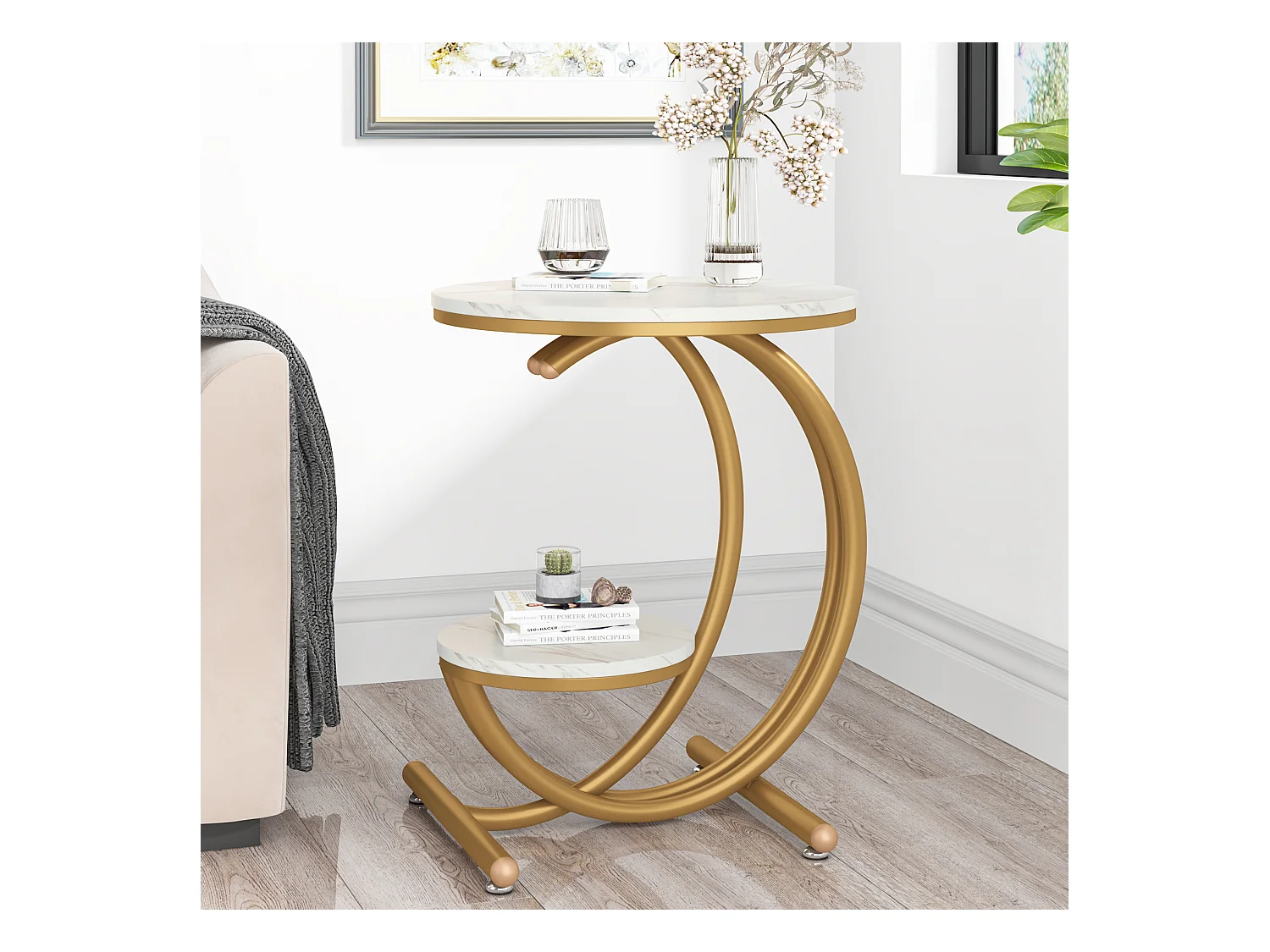 Runde moderne Zweistufentisch mit C-förmigem Rahmen, niedriger Sideboard, weiß/gold (1)