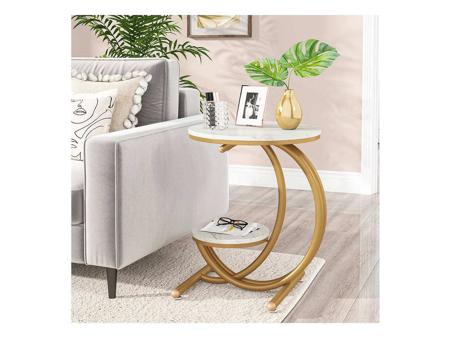 Runde moderne Zweistufentisch mit C-förmigem Rahmen, niedriger Sideboard, weiß/gold (1)