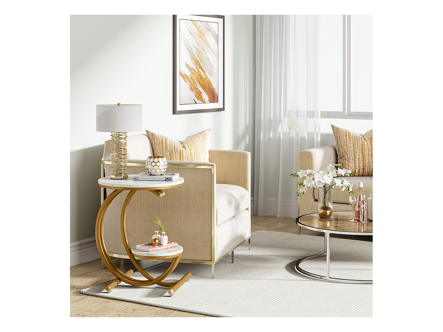 Runde moderne Zweistufentisch mit C-förmigem Rahmen, niedriger Sideboard, weiß/gold (1)
