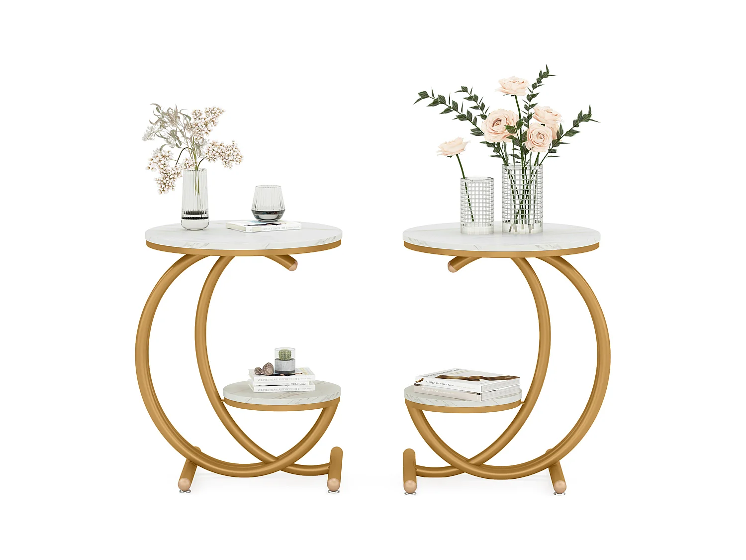Runde moderne Zweistufentisch mit C-förmigem Rahmen, niedriger Sideboard, weiß/gold (1)