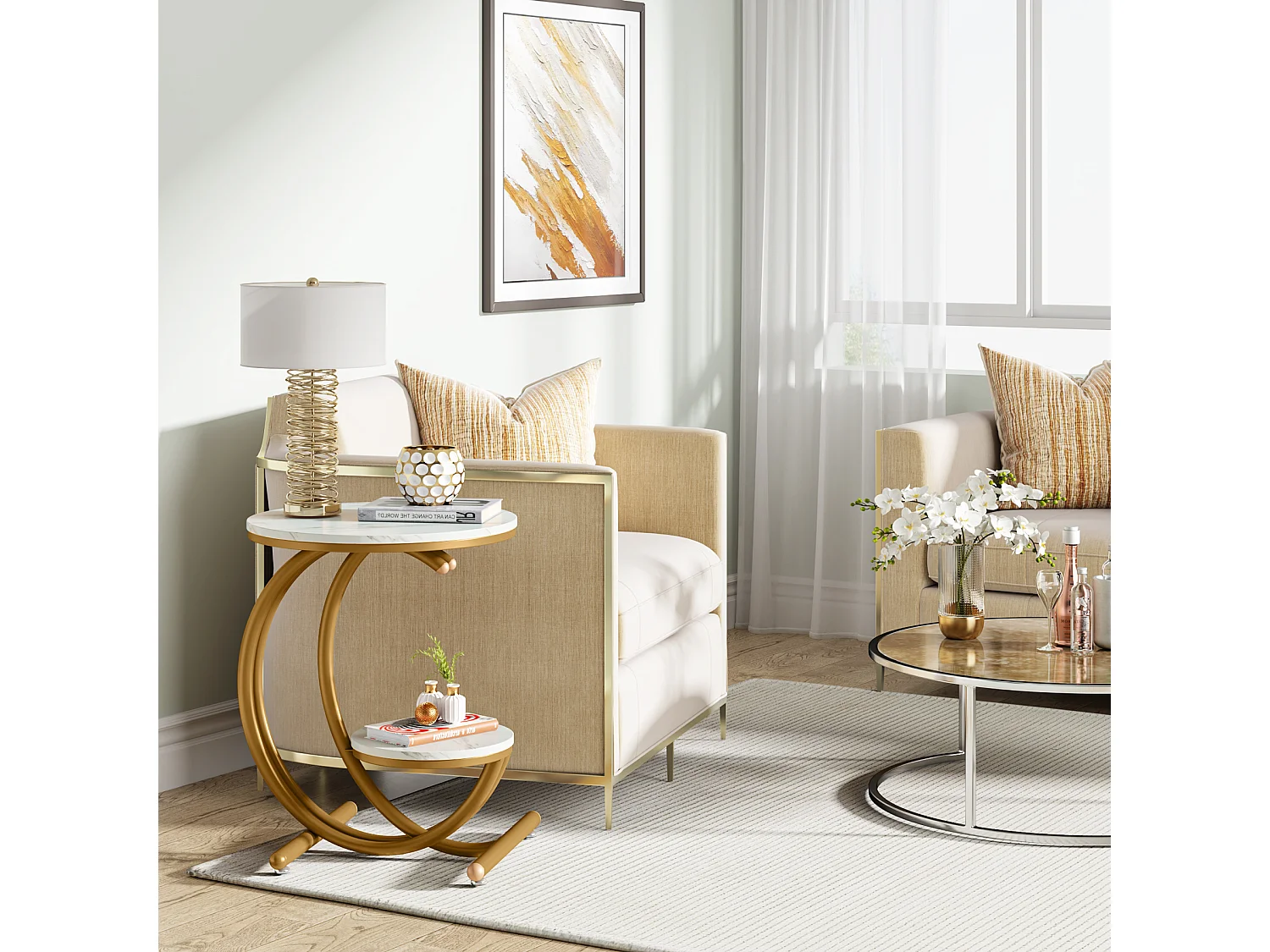 Tavolino rotondo moderno a 2 ripiani con struttura a C, tavolino da caffè piccolo, bianco/oro (1)