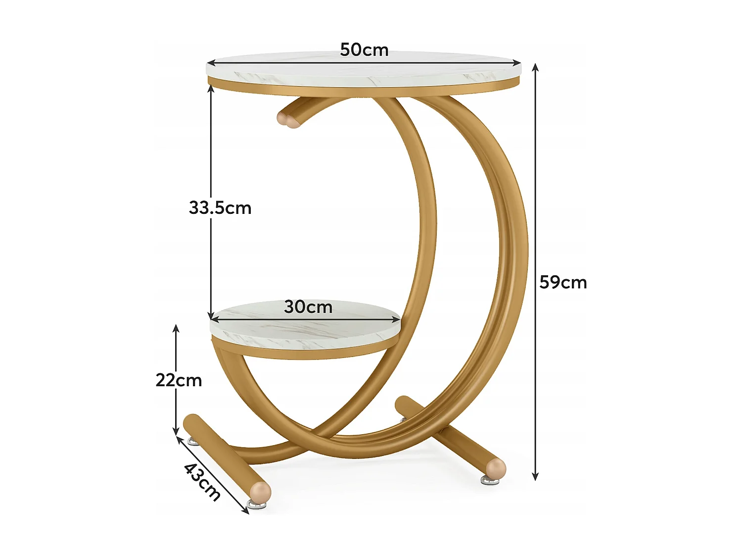 Tavolino rotondo moderno a 2 ripiani con struttura a C, tavolino da caffè piccolo, bianco/oro (1)