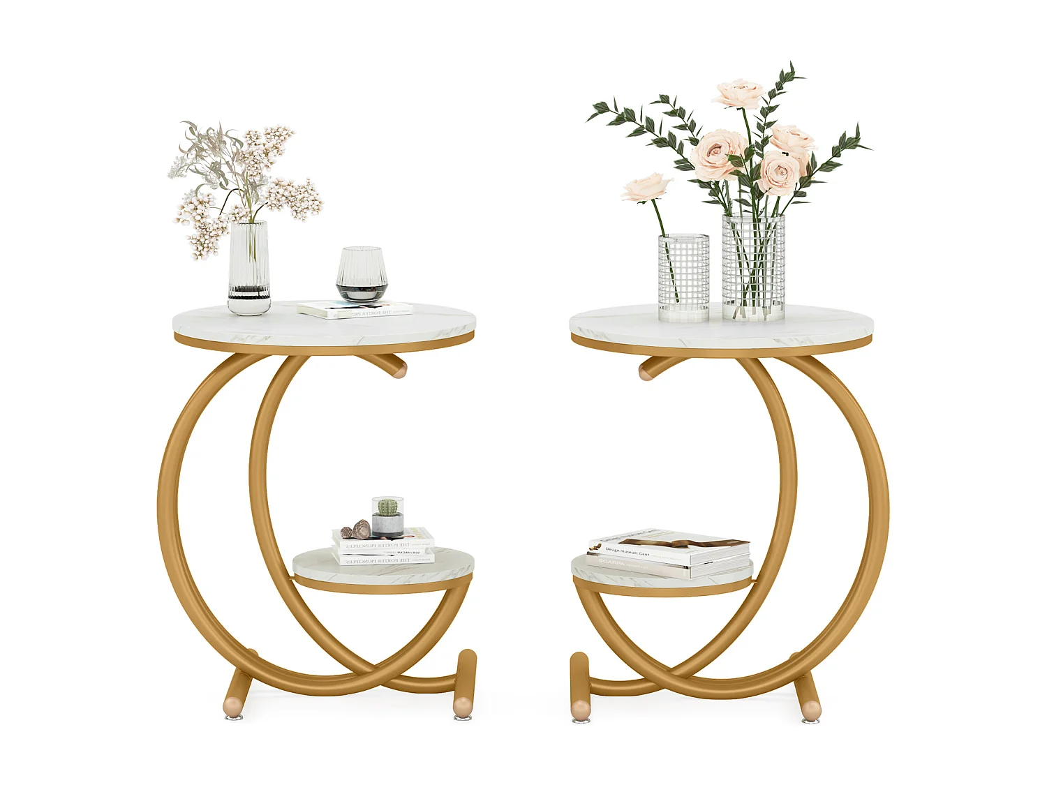 Tavolino rotondo moderno a 2 ripiani con struttura a C, tavolino da caffè piccolo, bianco/oro (1)