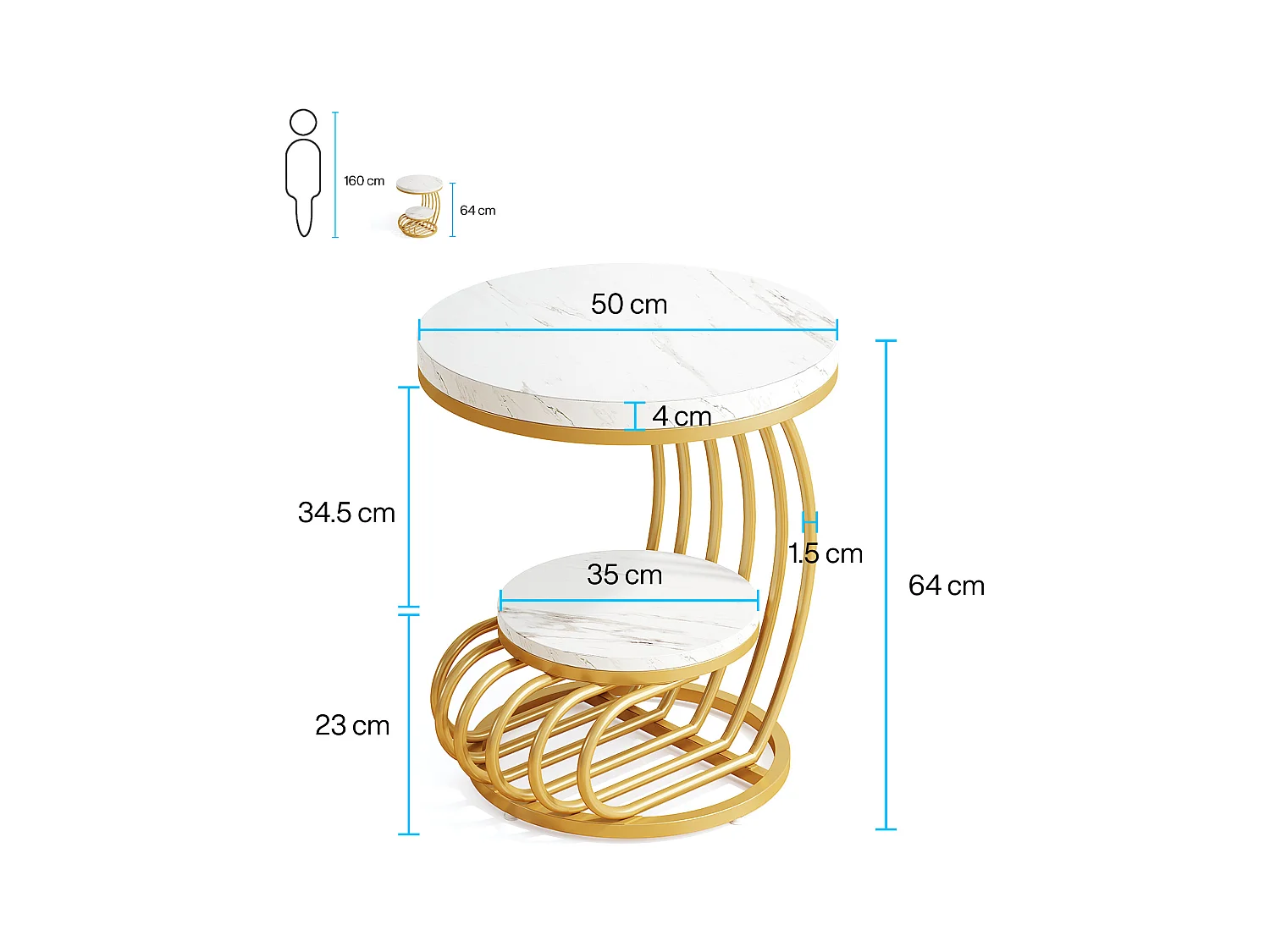 Table d'appoint en marbre Artificiel à 2 étages, Table de Chevet Moderne en Or Blanc avec Cadre en Forme d'arc en métal pour Salon (1PC)