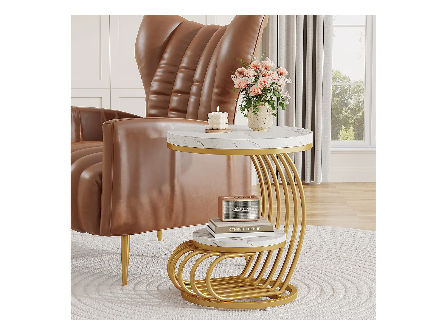 Table d'appoint en marbre Artificiel à 2 étages, Table de Chevet Moderne en Or Blanc avec Cadre en Forme d'arc en métal pour Salon (1PC)