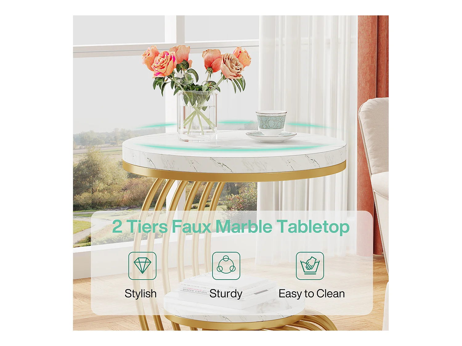 Table d'appoint en marbre Artificiel à 2 étages, Table de Chevet Moderne en Or Blanc avec Cadre en Forme d'arc en métal pour Salon (1PC)