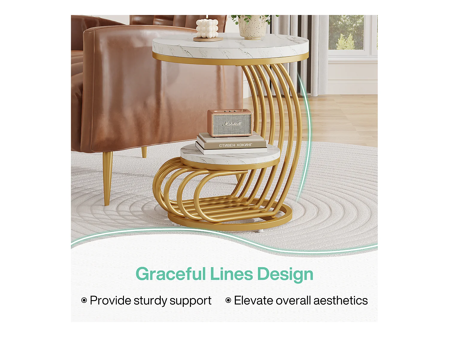 Table d'appoint en marbre Artificiel à 2 étages, Table de Chevet Moderne en Or Blanc avec Cadre en Forme d'arc en métal pour Salon (1PC)