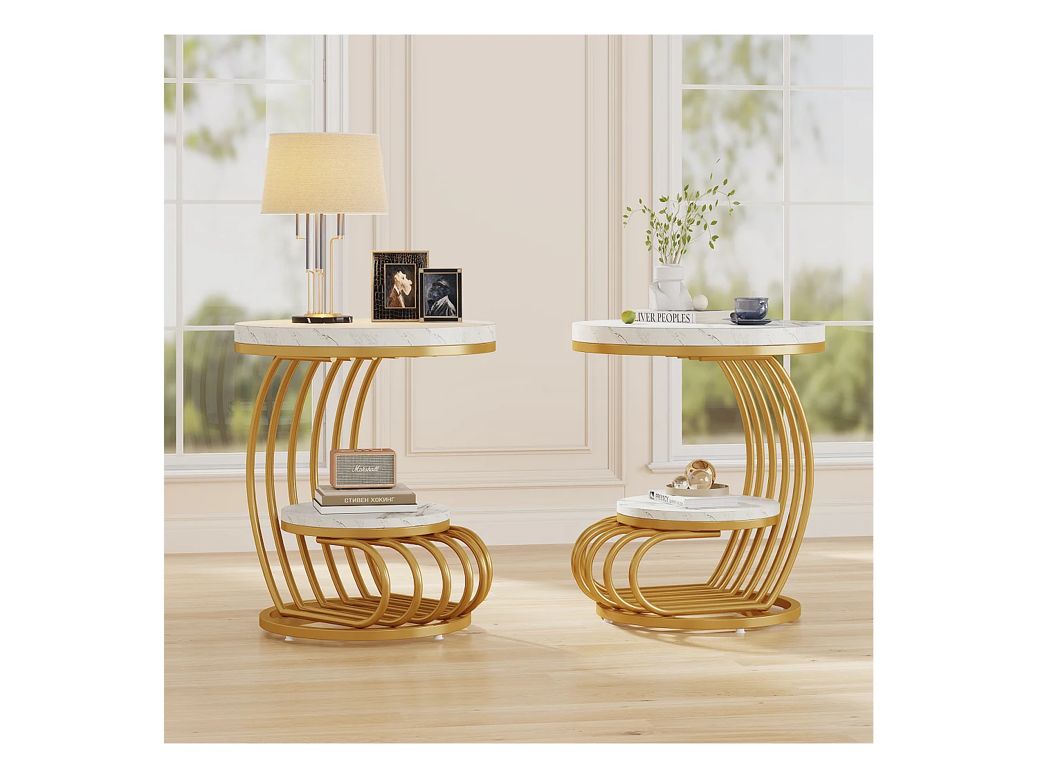 Table d'appoint en marbre Artificiel à 2 étages, Table de Chevet Moderne en Or Blanc avec Cadre en Forme d'arc en métal pour Salon (1PC)