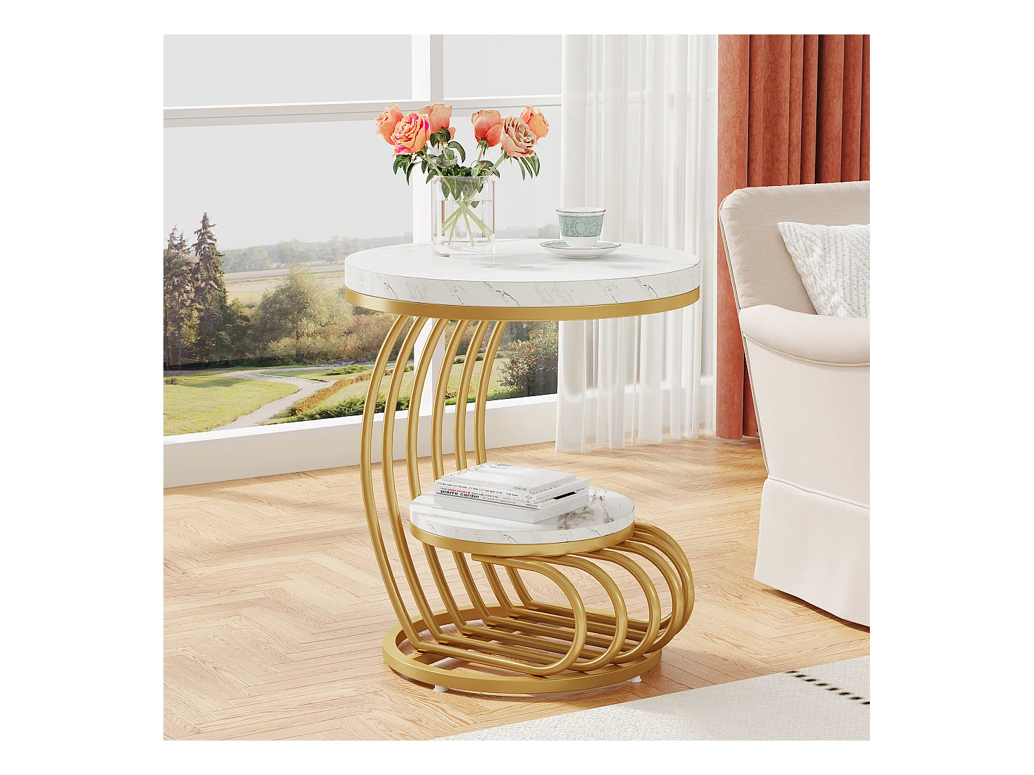 Table d'appoint en marbre Artificiel à 2 étages, Table de Chevet Moderne en Or Blanc avec Cadre en Forme d'arc en métal pour Salon (1PC)