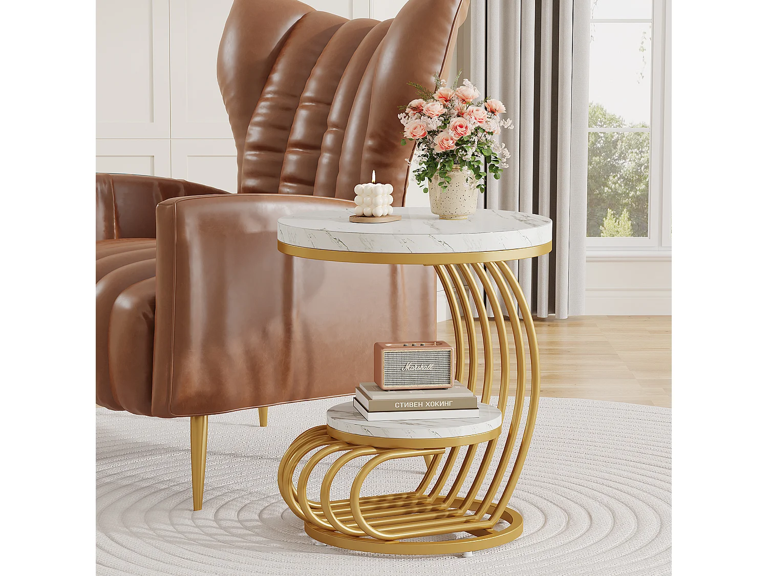 Table d'appoint en marbre Artificiel à 2 étages, Table de Chevet Moderne en Or Blanc avec Cadre en Forme d'arc en métal pour Salon (1PC)