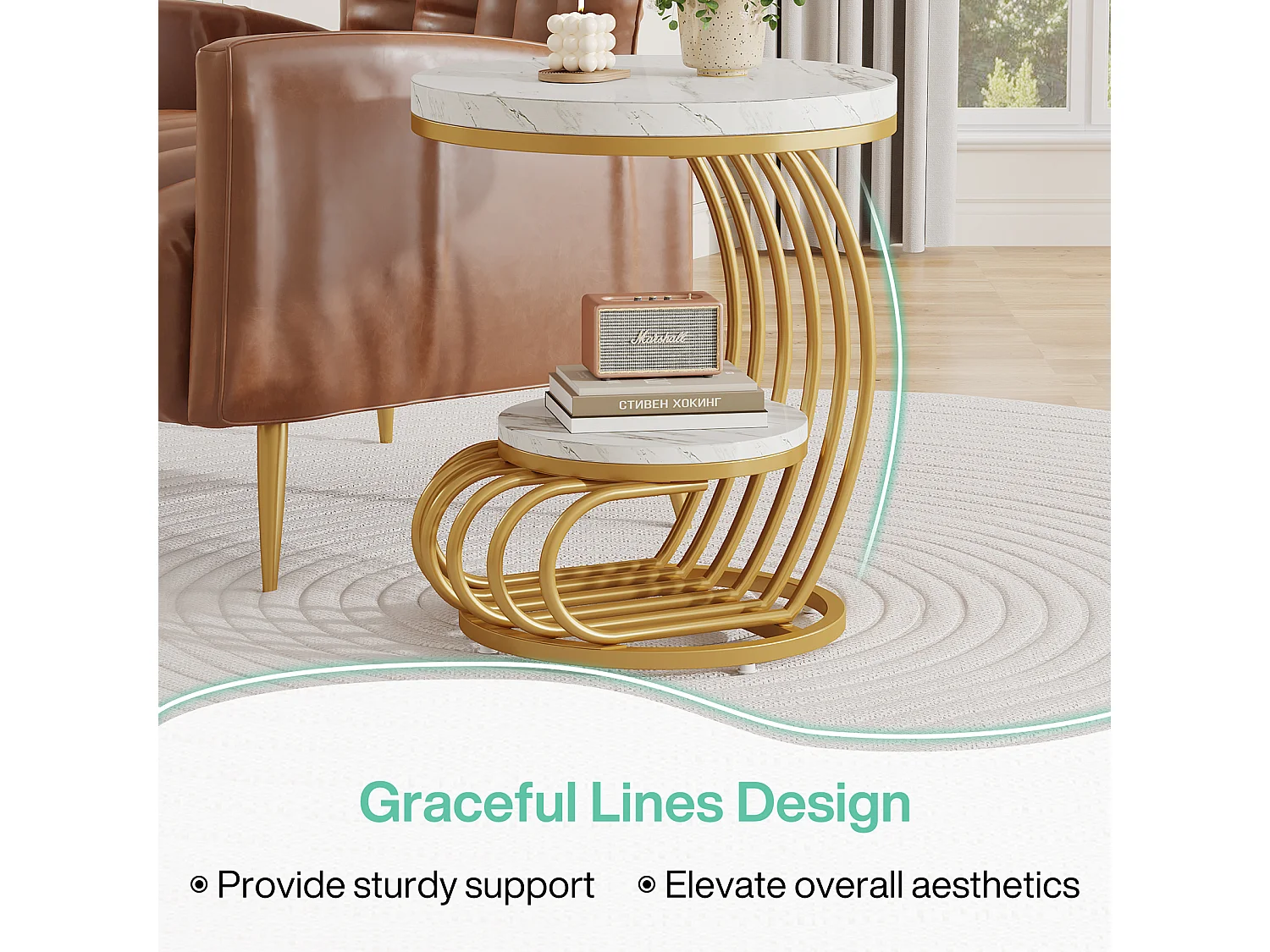 Table d'appoint en marbre Artificiel à 2 étages, Table de Chevet Moderne en Or Blanc avec Cadre en Forme d'arc en métal pour Salon (1PC)