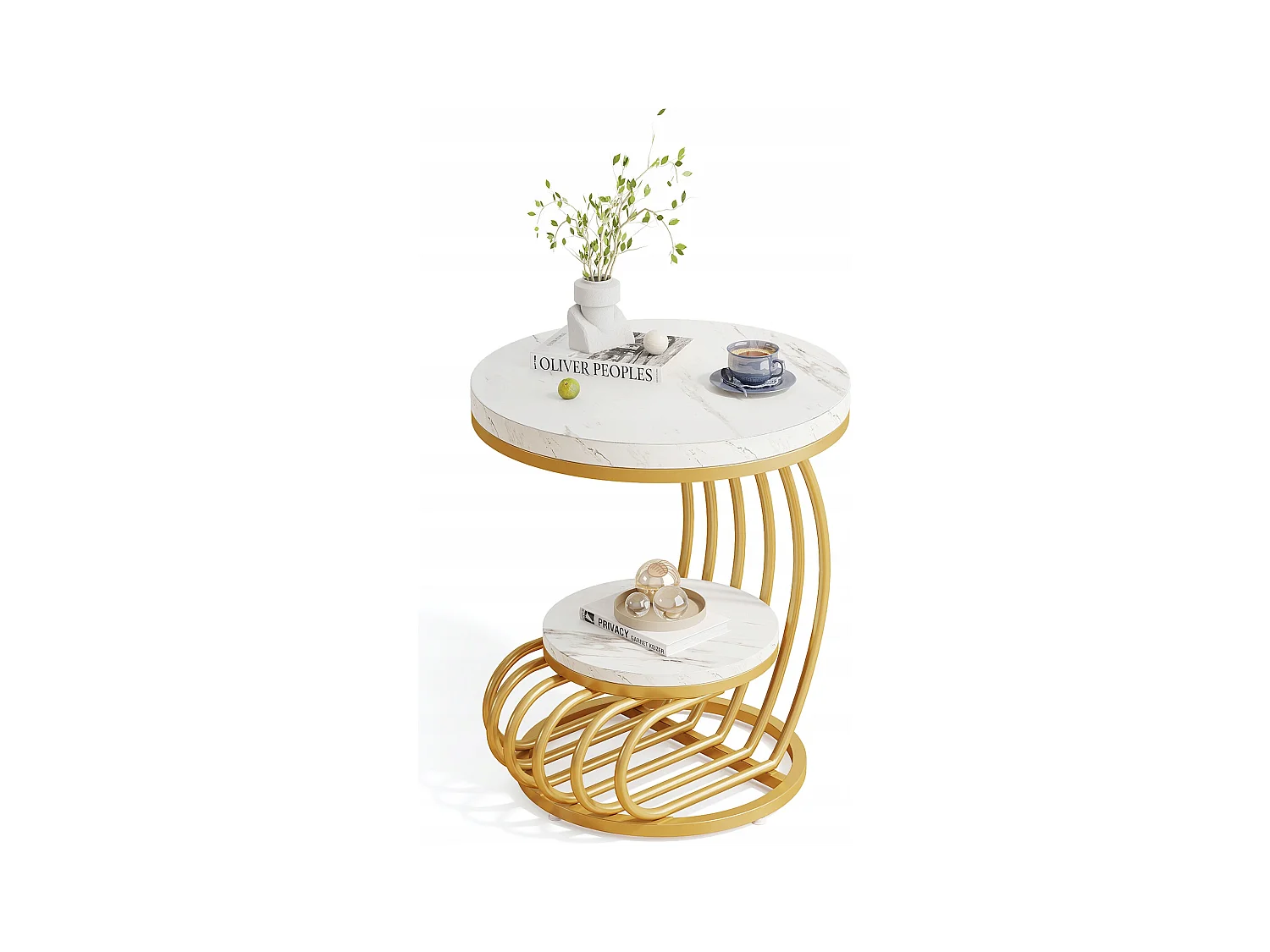 Table d'appoint en marbre Artificiel à 2 étages, Table de Chevet Moderne en Or Blanc avec Cadre en Forme d'arc en métal pour Salon (1PC)