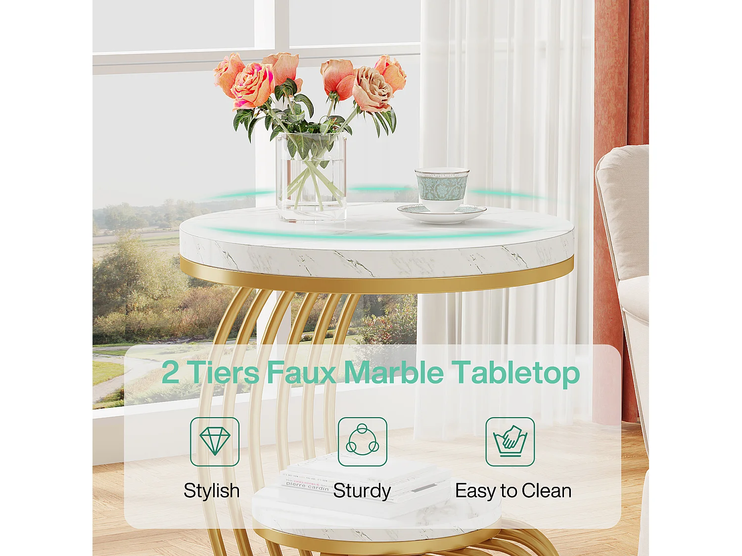 Table d'appoint en marbre Artificiel à 2 étages, Table de Chevet Moderne en Or Blanc avec Cadre en Forme d'arc en métal pour Salon (1PC)