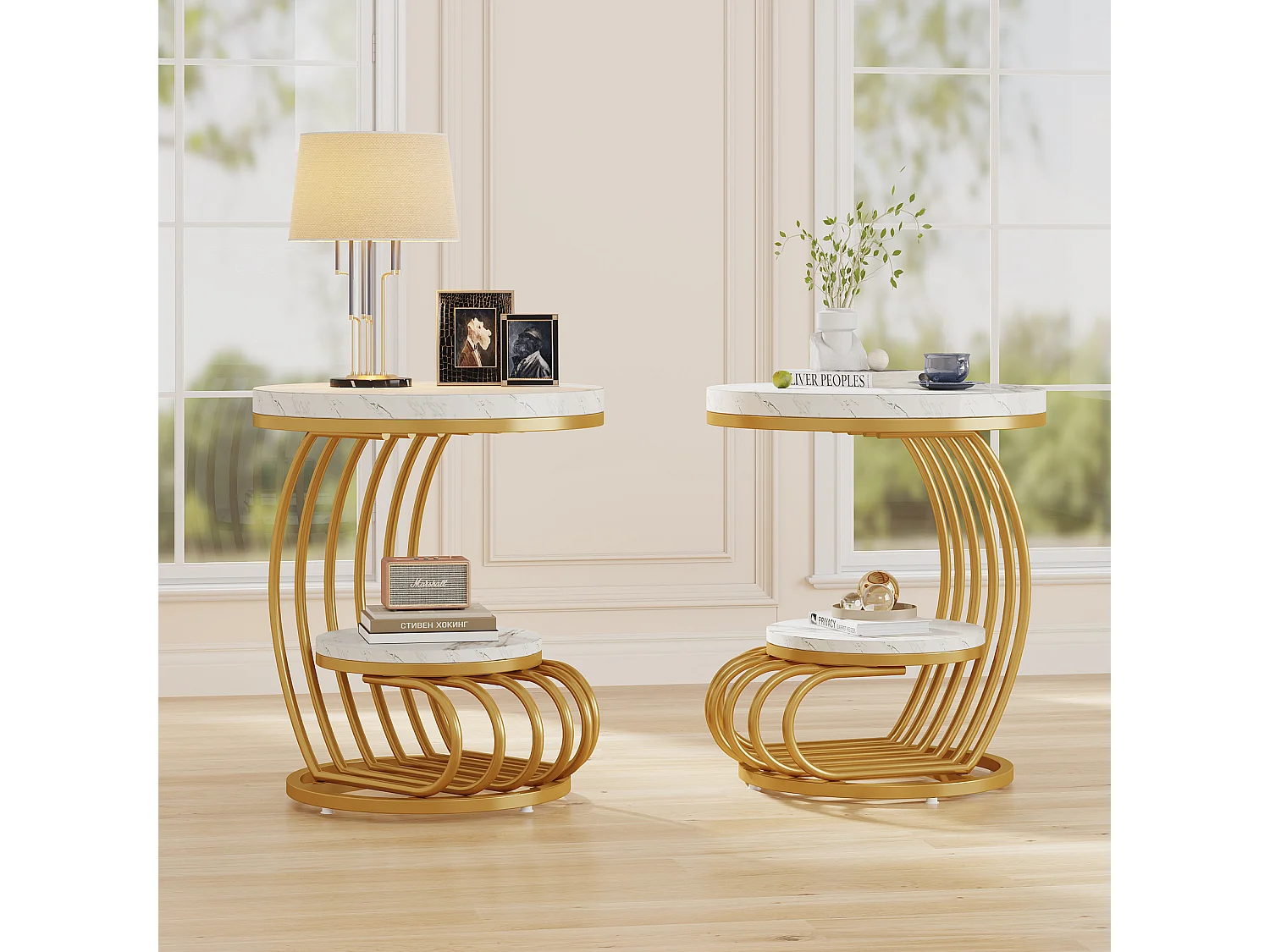 Mesa de apoio em mármore artificial de dois andares, Mesa de cabeceira moderna em ouro branco com moldura em forma de arco em metal para sala (1 unidade)