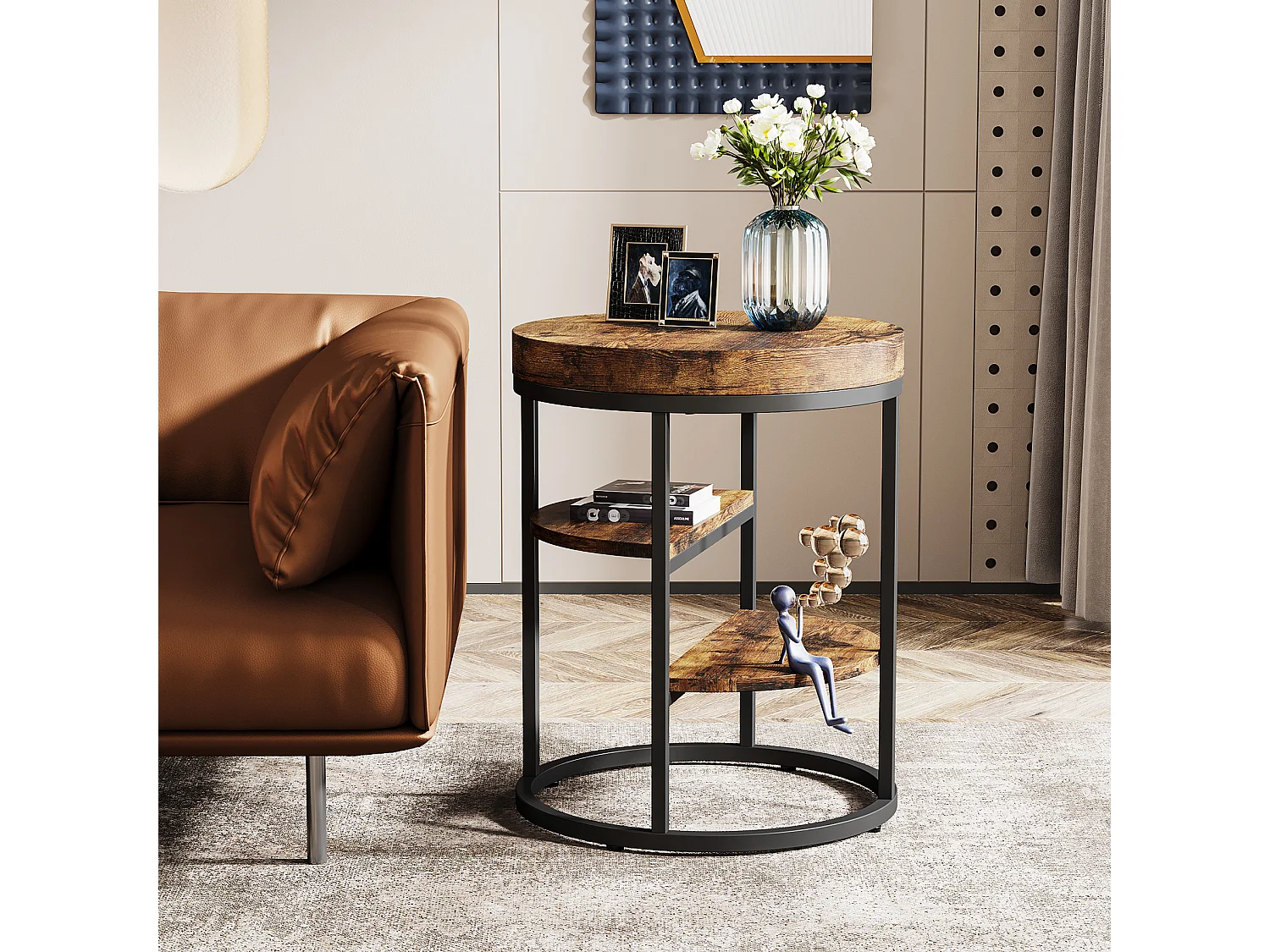 Mesa auxiliar redonda, pequeña mesa auxiliar con 3 estantes de almacenamiento, mesa auxiliar industrial, mesa de noche para el salón