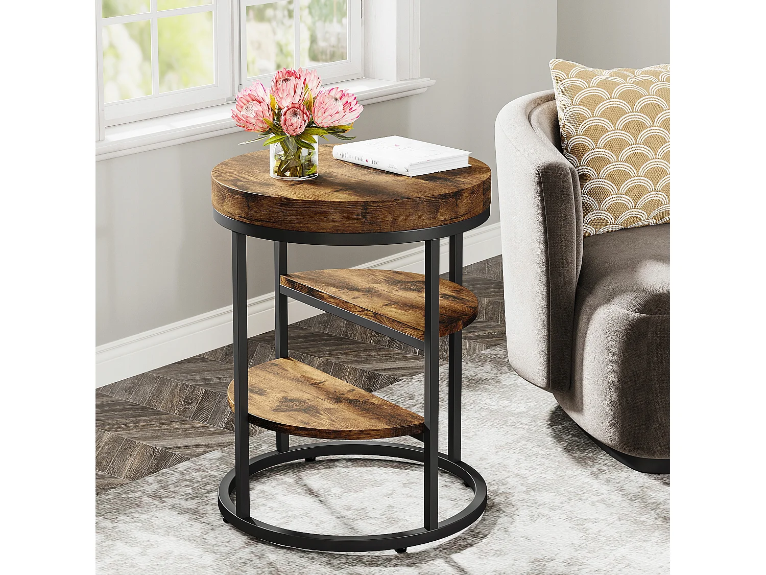 Table d'appoint Ronde, Petite Table d'appoint avec 3 étagères de Rangement, Table d'appoint Industrielle, Table de Chevet pour la Salon