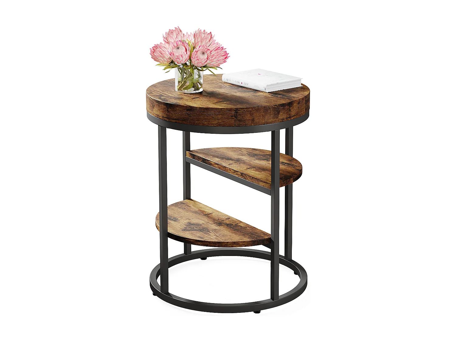 Table d'appoint Ronde, Petite Table d'appoint avec 3 étagères de Rangement, Table d'appoint Industrielle, Table de Chevet pour la Salon