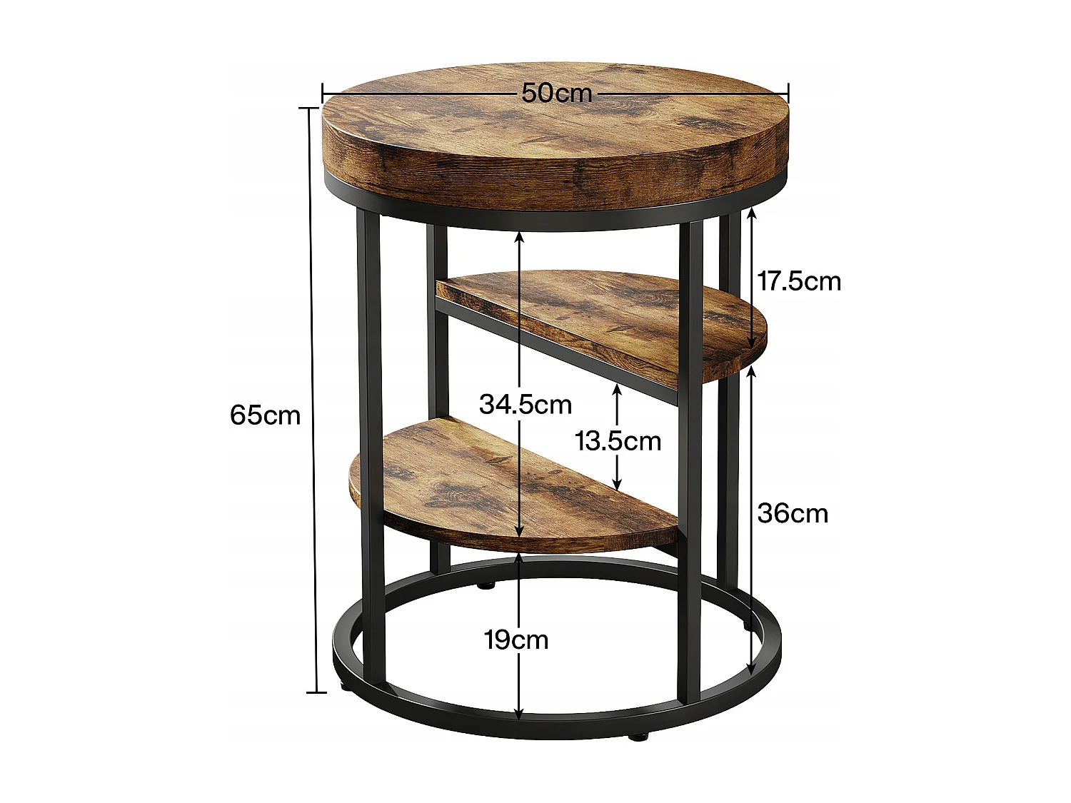 Table d'appoint Ronde, Petite Table d'appoint avec 3 étagères de Rangement, Table d'appoint Industrielle, Table de Chevet pour la Salon