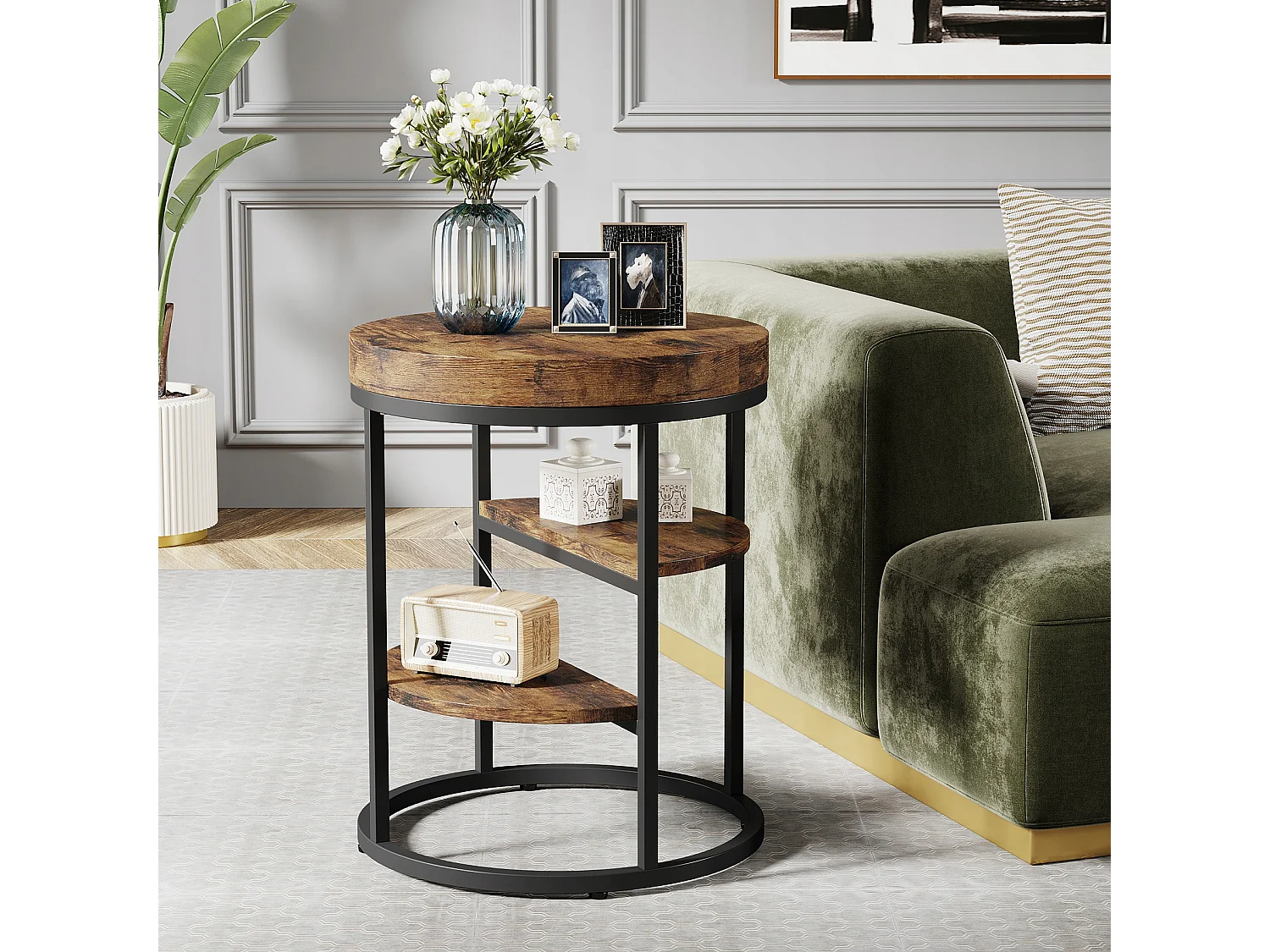 Table d'appoint Ronde, Petite Table d'appoint avec 3 étagères de Rangement, Table d'appoint Industrielle, Table de Chevet pour la Salon