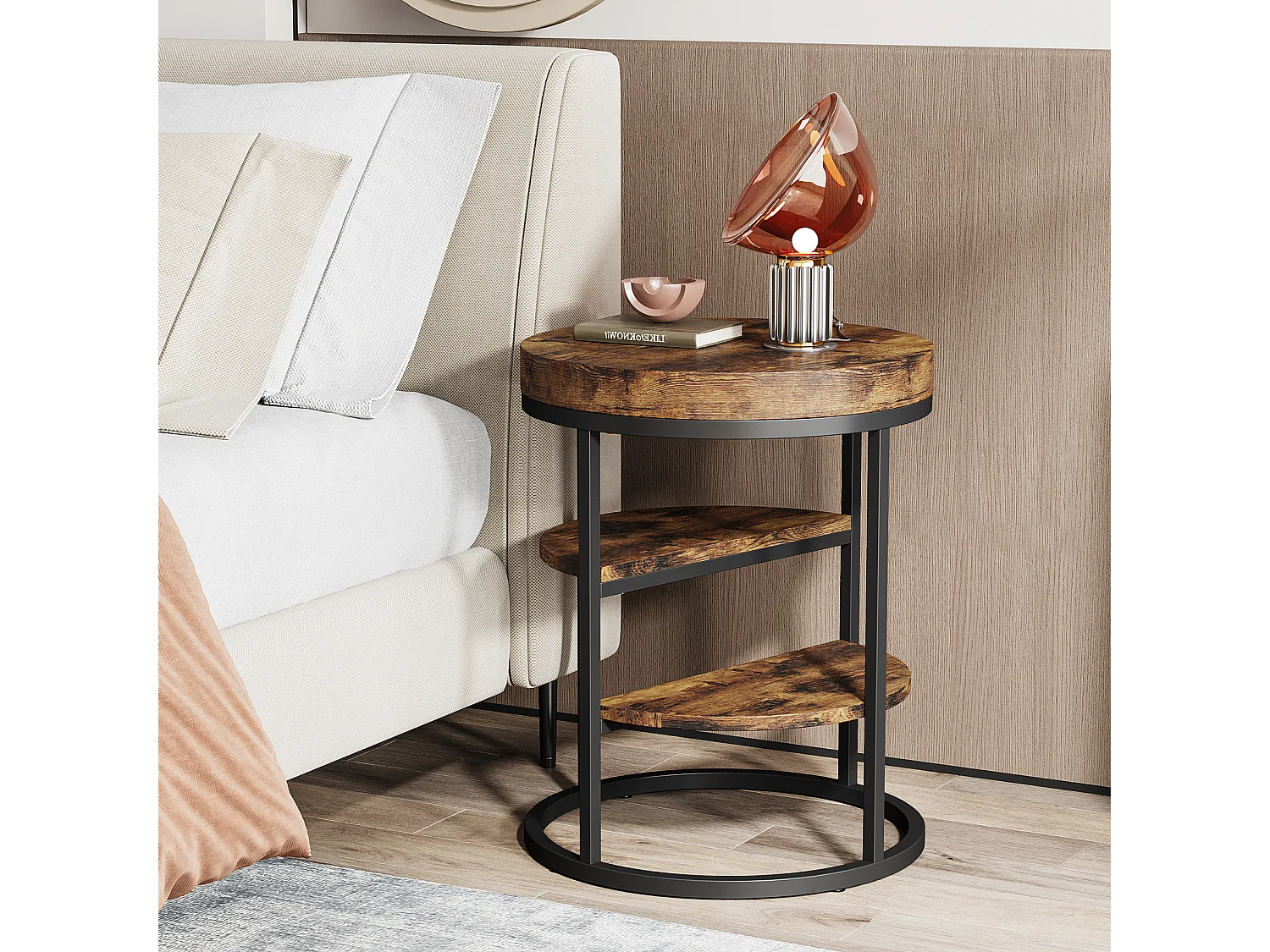 Table d'appoint Ronde, Petite Table d'appoint avec 3 étagères de Rangement, Table d'appoint Industrielle, Table de Chevet pour la Salon