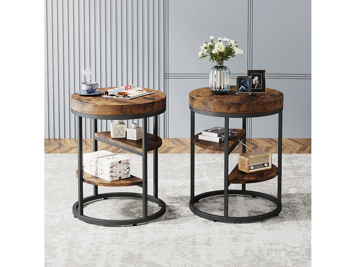 Table d'appoint Ronde, Petite Table d'appoint avec 3 étagères de Rangement, Table d'appoint Industrielle, Table de Chevet pour la Salon