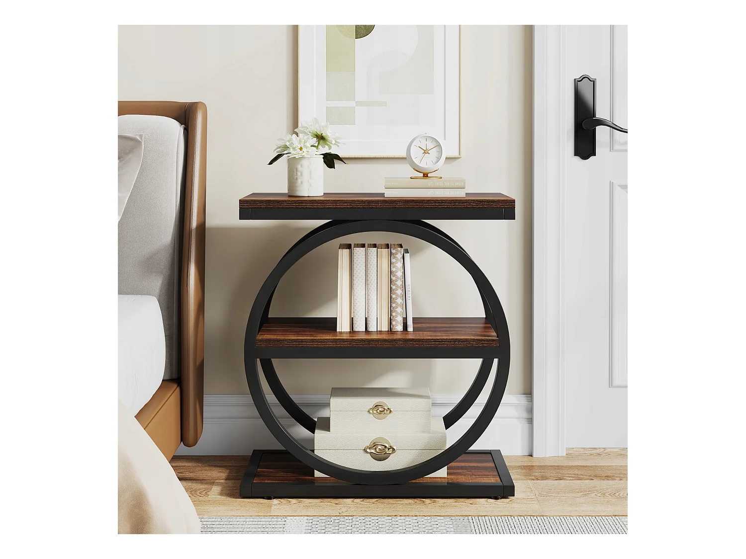 Table d'appoint étroite à 3 Niveaux, Table de Salon en Bois avec Cadre en métal Noir, Table Basse Industrielle pour canapé