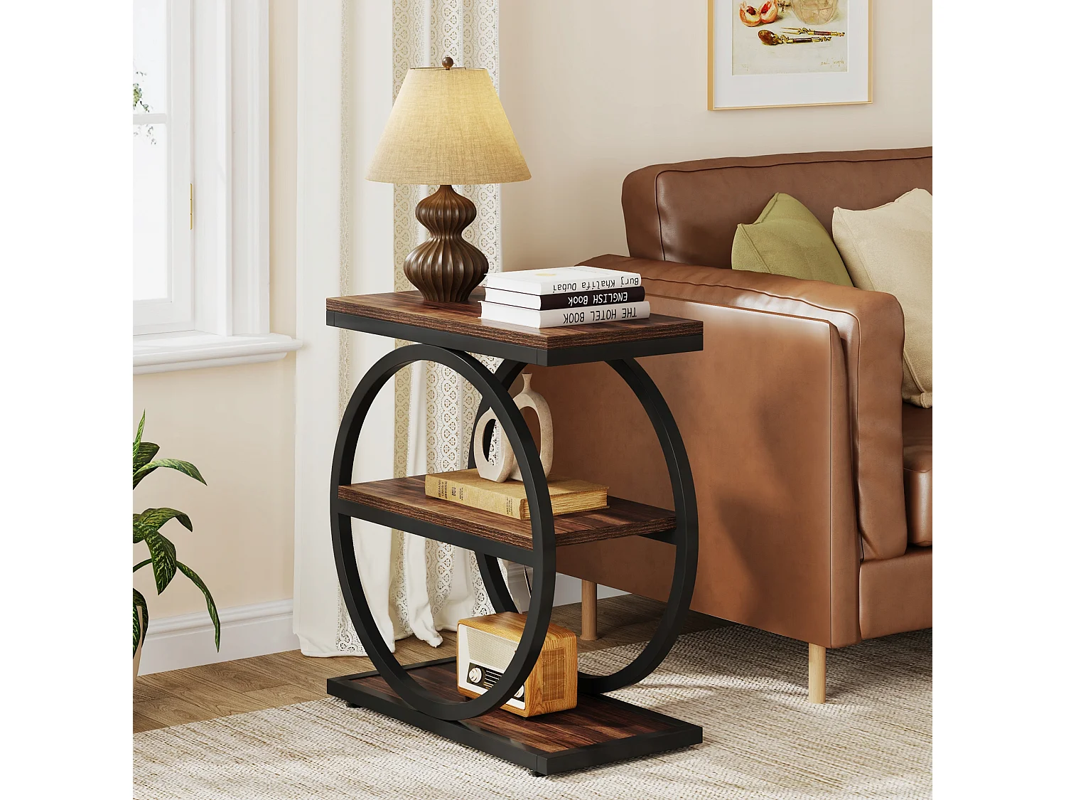 Table d'appoint étroite à 3 Niveaux, Table de Salon en Bois avec Cadre en métal Noir, Table Basse Industrielle pour canapé