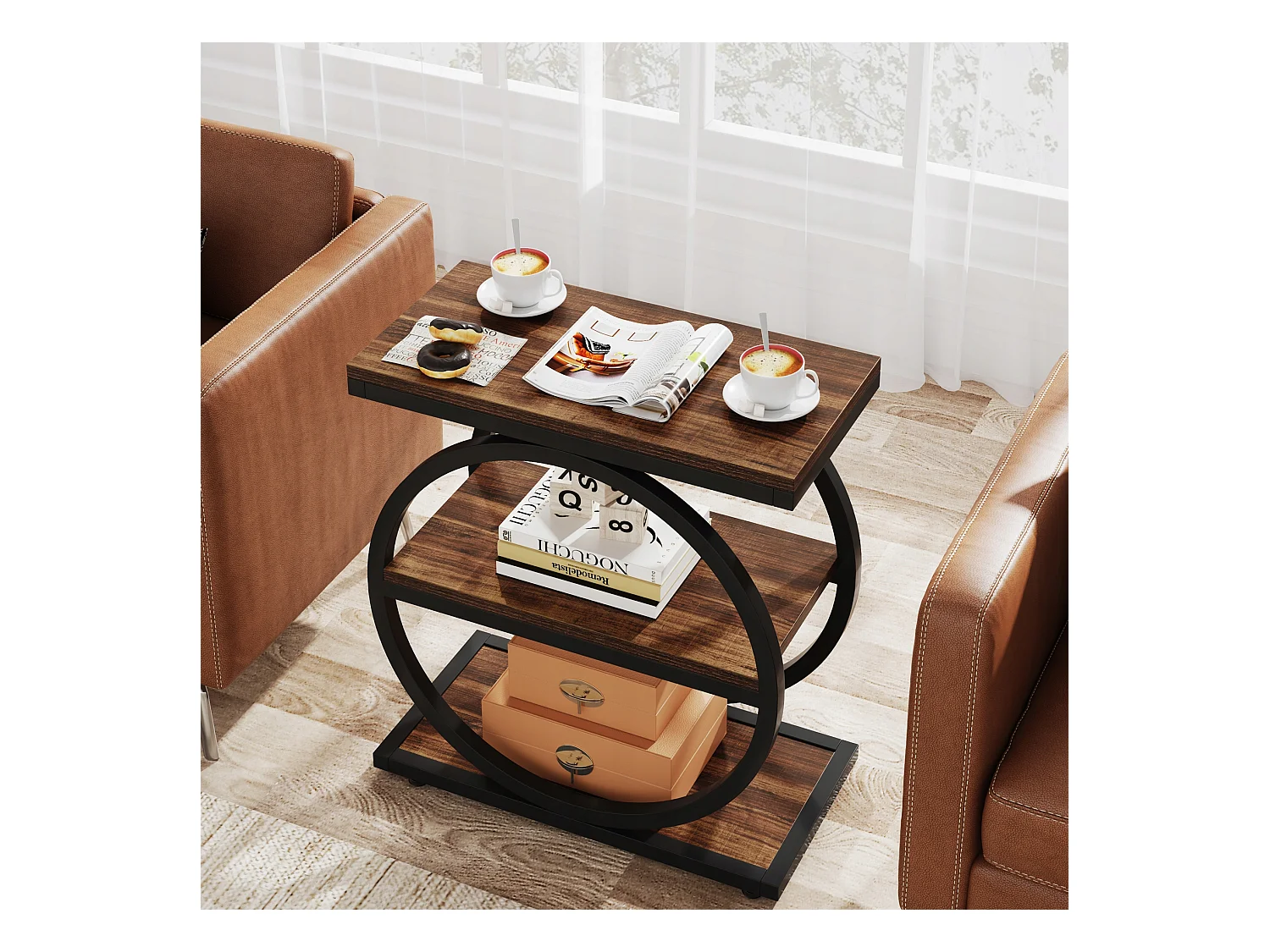 Table d'appoint étroite à 3 Niveaux, Table de Salon en Bois avec Cadre en métal Noir, Table Basse Industrielle pour canapé