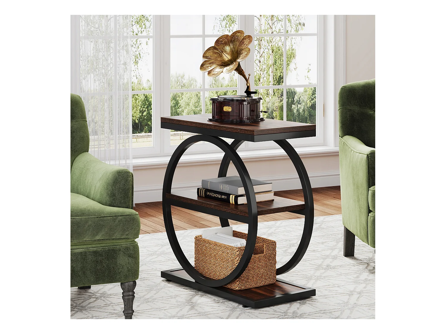 Table d'appoint étroite à 3 Niveaux, Table de Salon en Bois avec Cadre en métal Noir, Table Basse Industrielle pour canapé