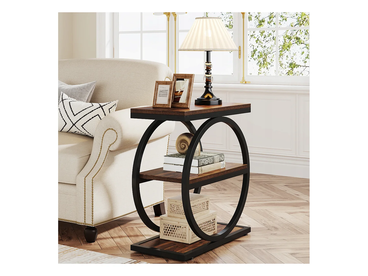 Table d'appoint étroite à 3 Niveaux, Table de Salon en Bois avec Cadre en métal Noir, Table Basse Industrielle pour canapé