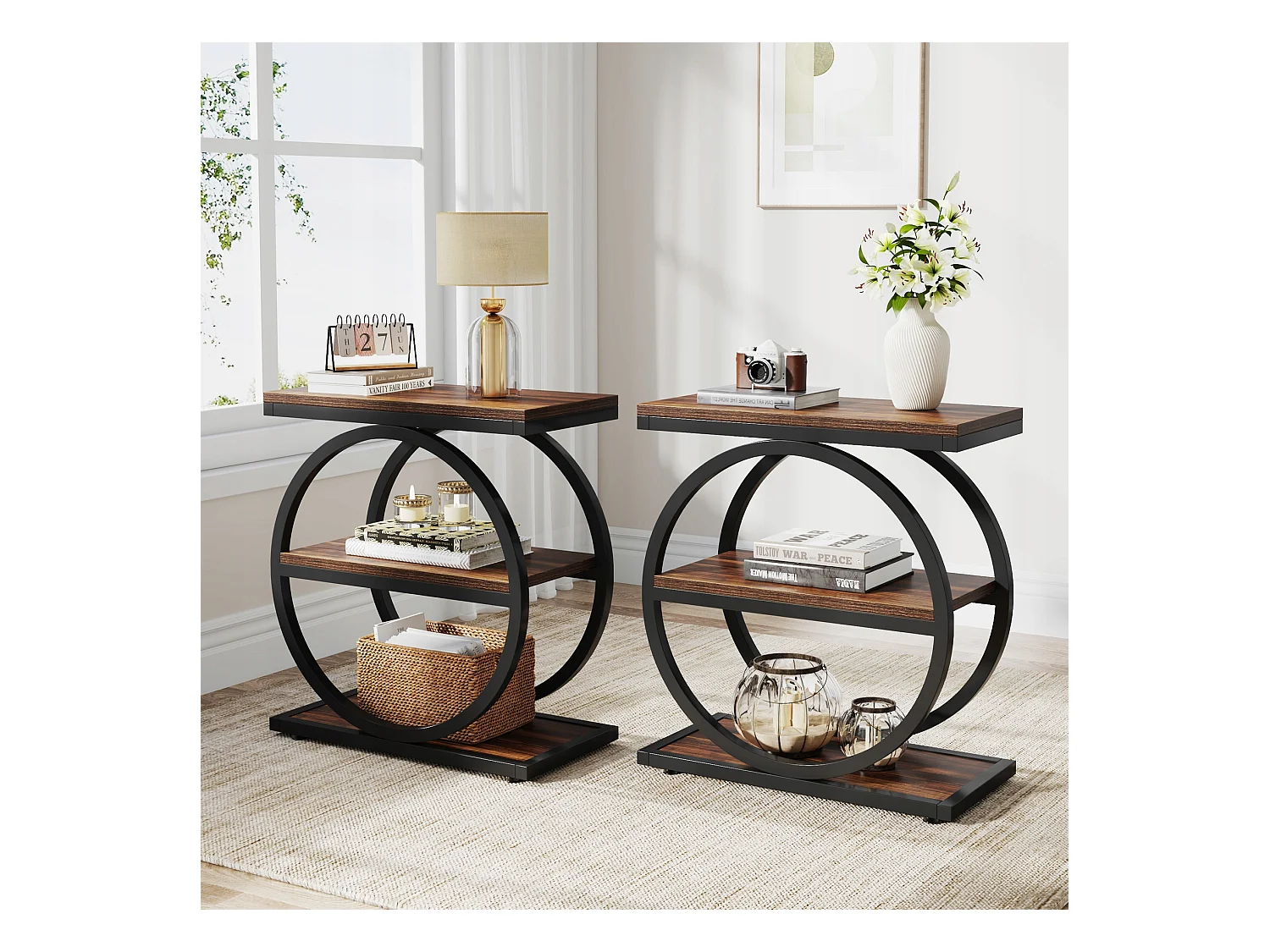 Table d'appoint étroite à 3 Niveaux, Table de Salon en Bois avec Cadre en métal Noir, Table Basse Industrielle pour canapé