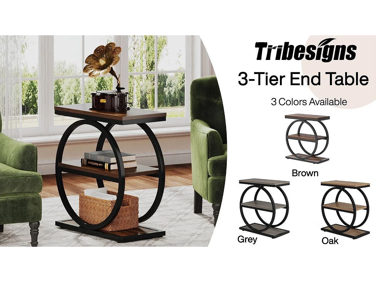 Table d'appoint étroite à 3 Niveaux, Table de Salon en Bois avec Cadre en métal Noir, Table Basse Industrielle pour canapé