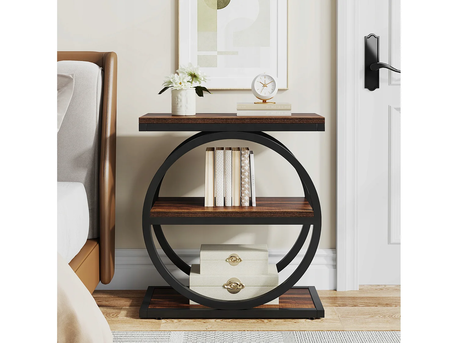 Table d'appoint étroite à 3 Niveaux, Table de Salon en Bois avec Cadre en métal Noir, Table Basse Industrielle pour canapé