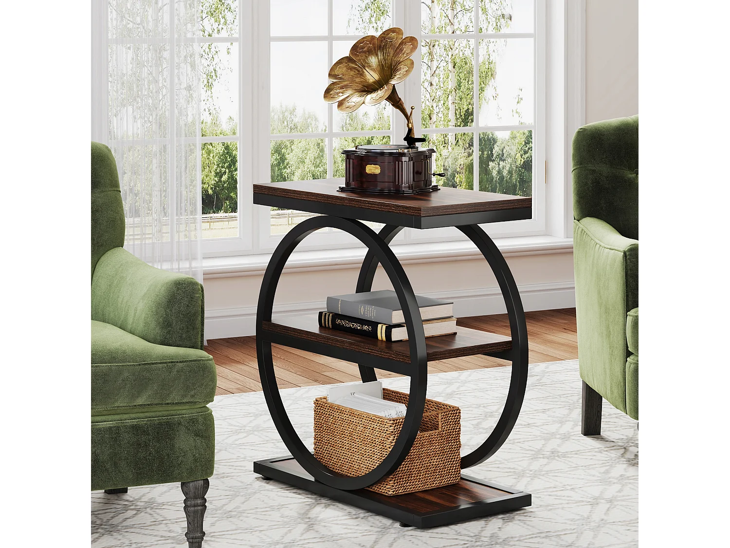 Table d'appoint étroite à 3 Niveaux, Table de Salon en Bois avec Cadre en métal Noir, Table Basse Industrielle pour canapé