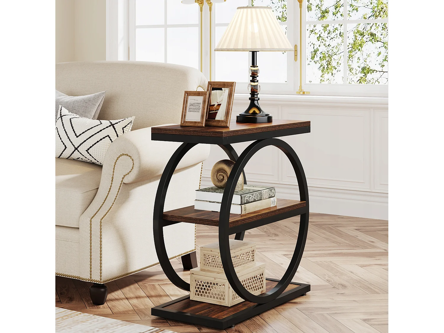 Table d'appoint étroite à 3 Niveaux, Table de Salon en Bois avec Cadre en métal Noir, Table Basse Industrielle pour canapé