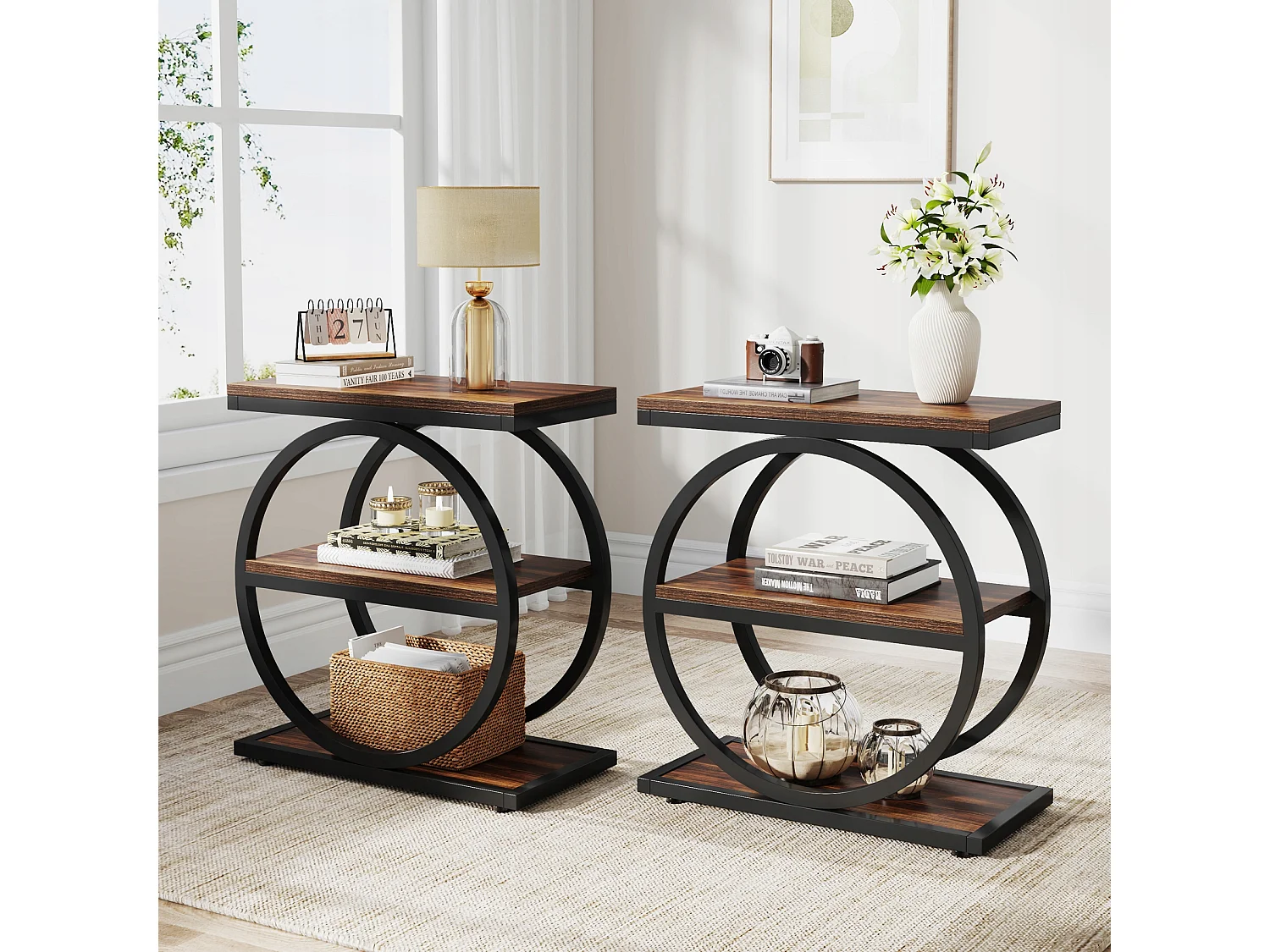 Table d'appoint étroite à 3 Niveaux, Table de Salon en Bois avec Cadre en métal Noir, Table Basse Industrielle pour canapé